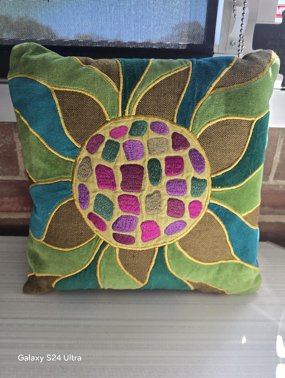 Crate & Barrel * Sunflower Throw Pillow * Jewel Tones * 12 X 12 * EUC